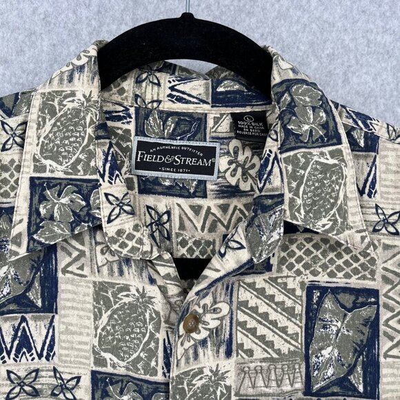 Field & Stream Mens 100% Silk Button Up Hawaiian Tropical Shirt Size L Pineapple - Picture 2 of 10